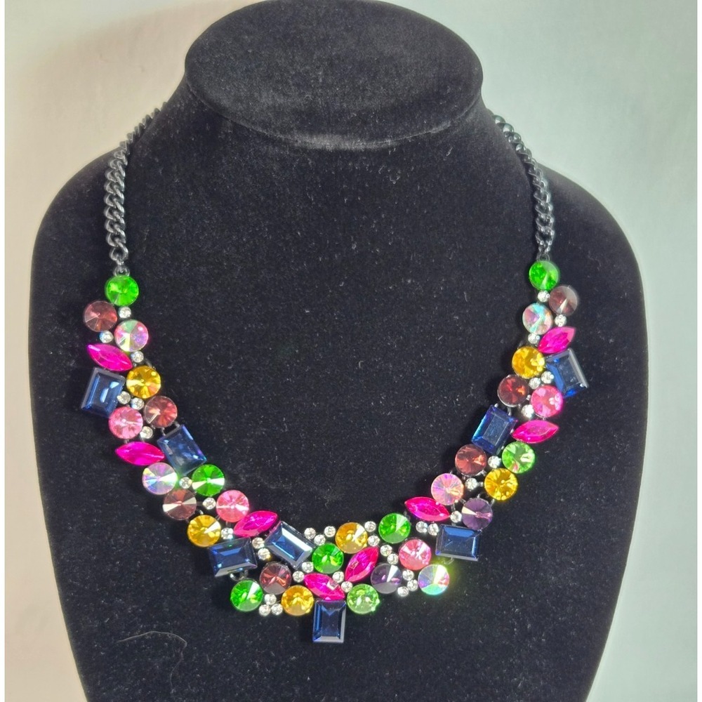 Multicolor Rhinestone Statement Bib Necklace Gunm… - image 2